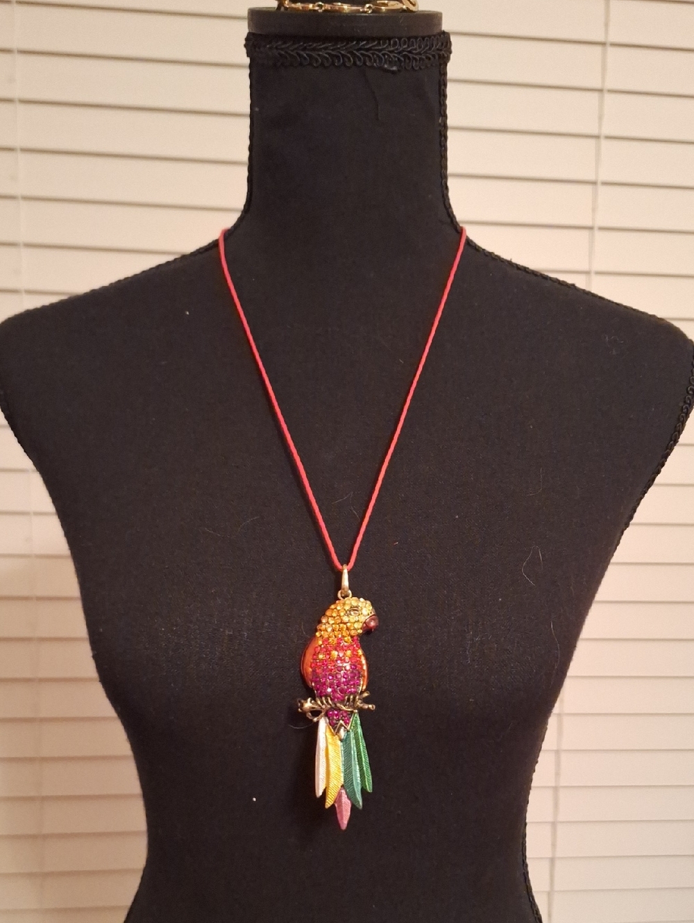 Multicolor Parrot Pendant Necklace with Red Cord